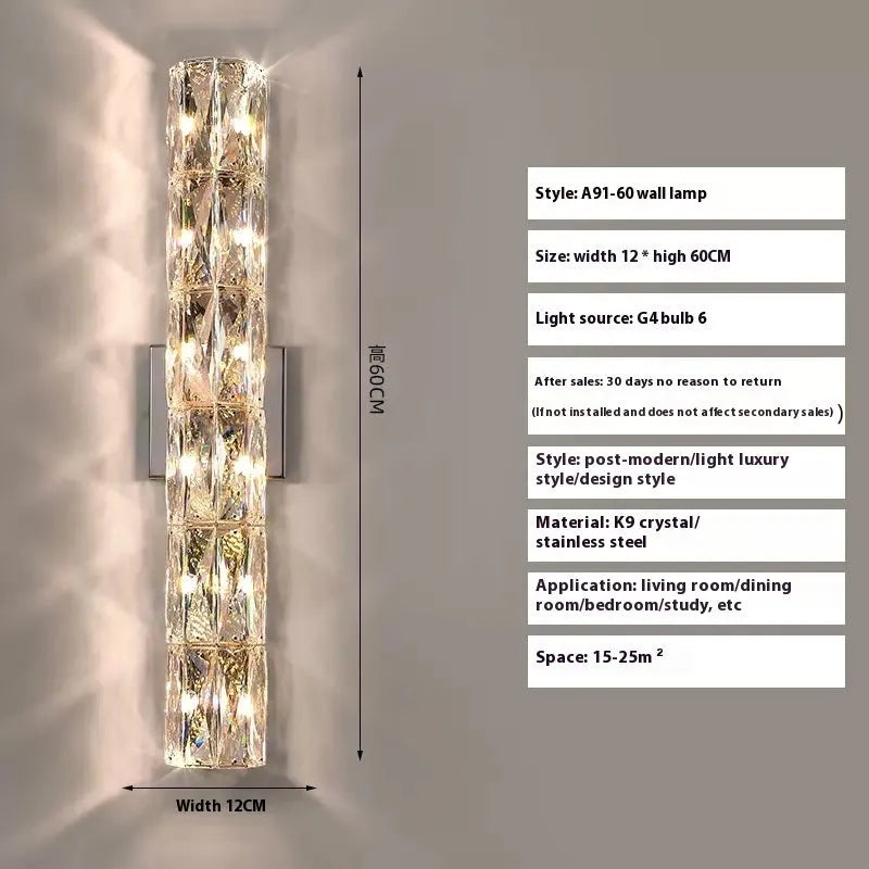 Crystal shade stainless steel wall lamp in chrome finish mounted on a wall.