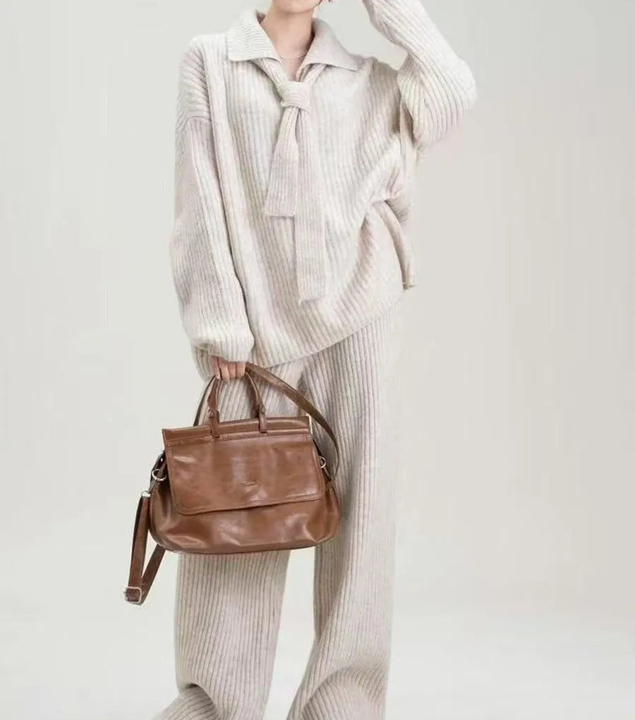 Imitation cashmere sweater suit two-piece set in four colours with long sleeves and trousers