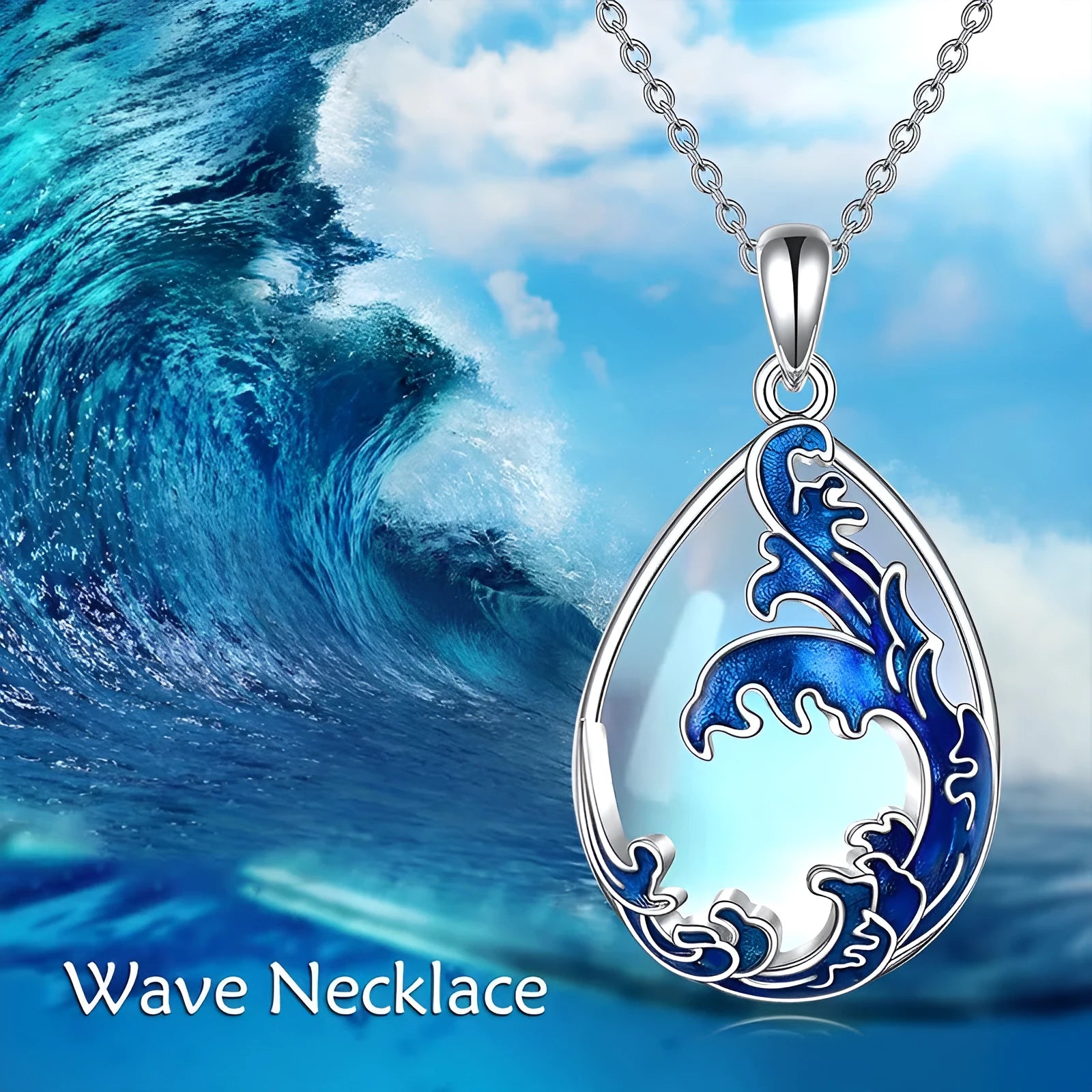 Moonstone blue heart pendant necklace for women with alloy chain