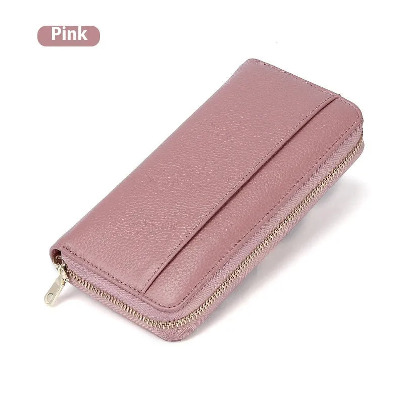 Genuine leather women's long bifold wallet in six colour options showing card slots and anti-theft feature