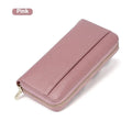 Genuine leather women's long bifold wallet in six colour options showing card slots and anti-theft feature
