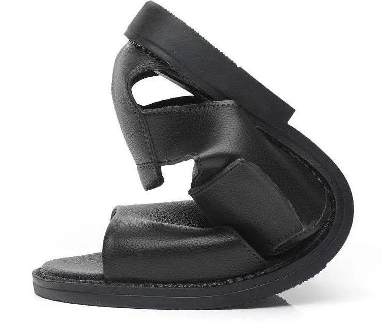Men's black and brown Roman-style leather sandals with an open toe and non-slip rubber sole.