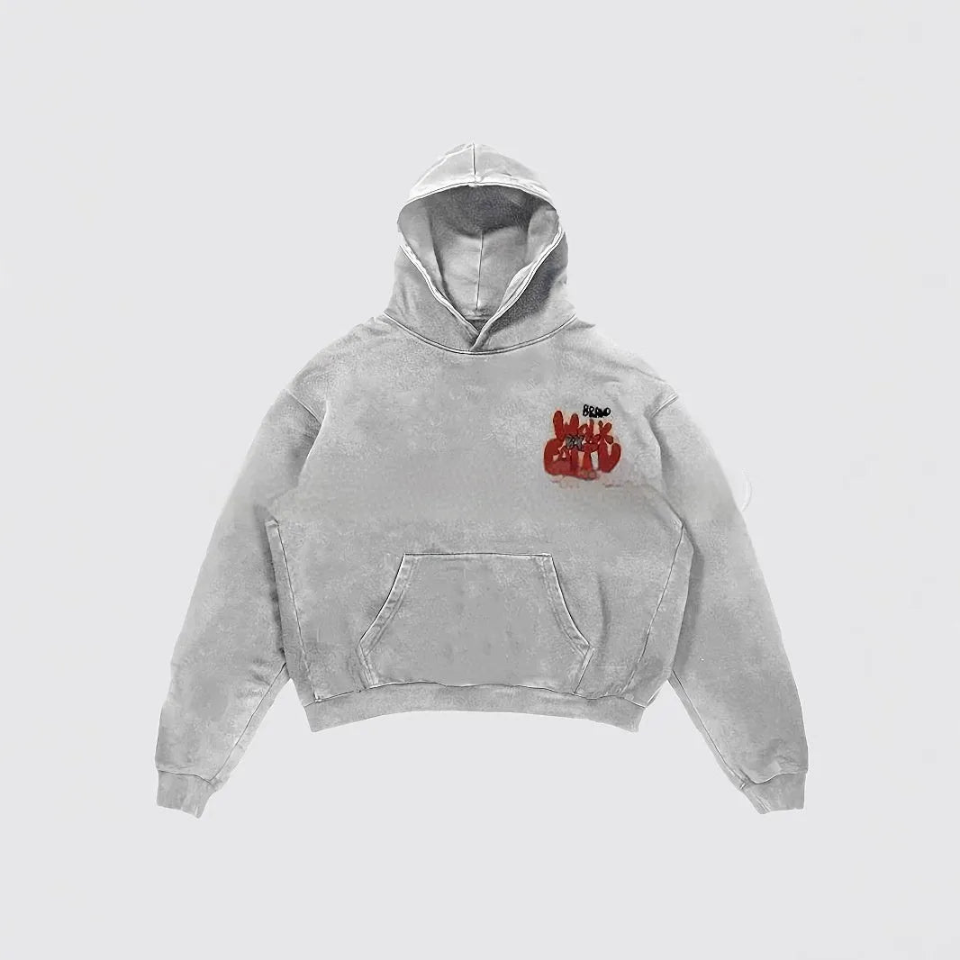 Granny Grey women's hoodie with vintage Harajuku-style letter print on the front.