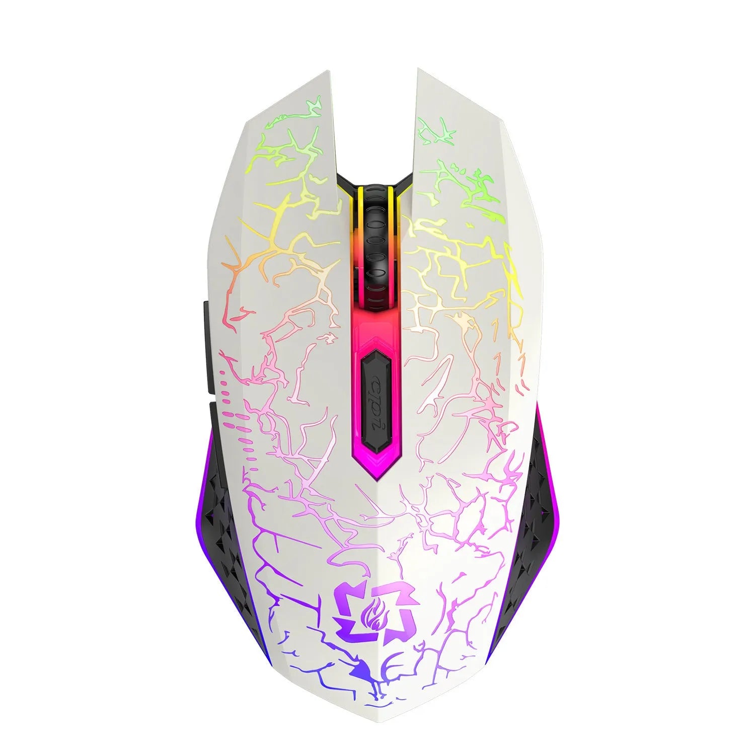 Black or white wireless gaming mouse with breathing light, 2.4G Bluetooth dual-mode, silent click, rechargeable, 132x72.3x42mm dimensions