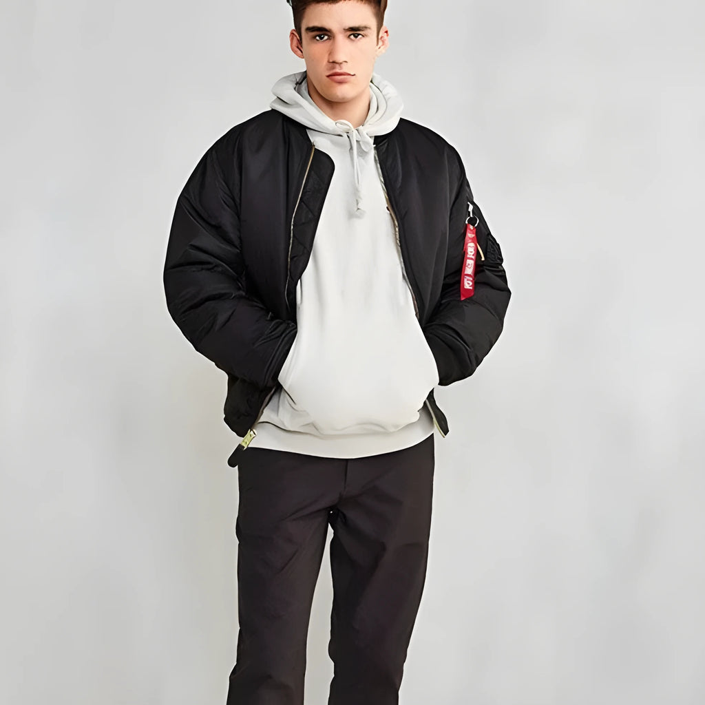 Men's American workwear pilot cotton-padded jacket in army green colour showing loose fit styling