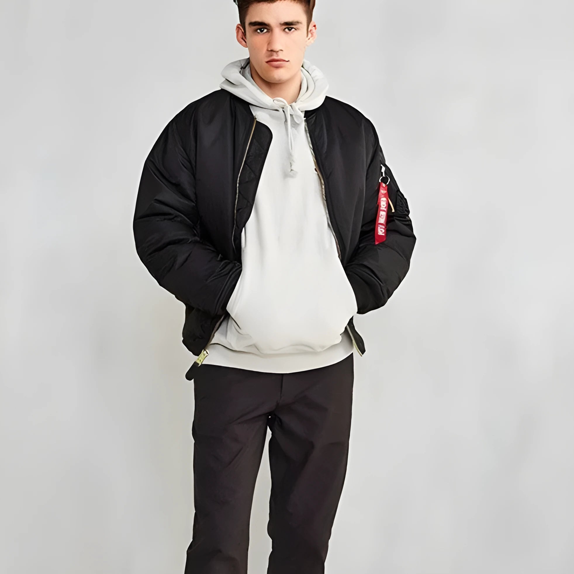 Men's American workwear pilot cotton-padded jacket in army green colour showing loose fit styling