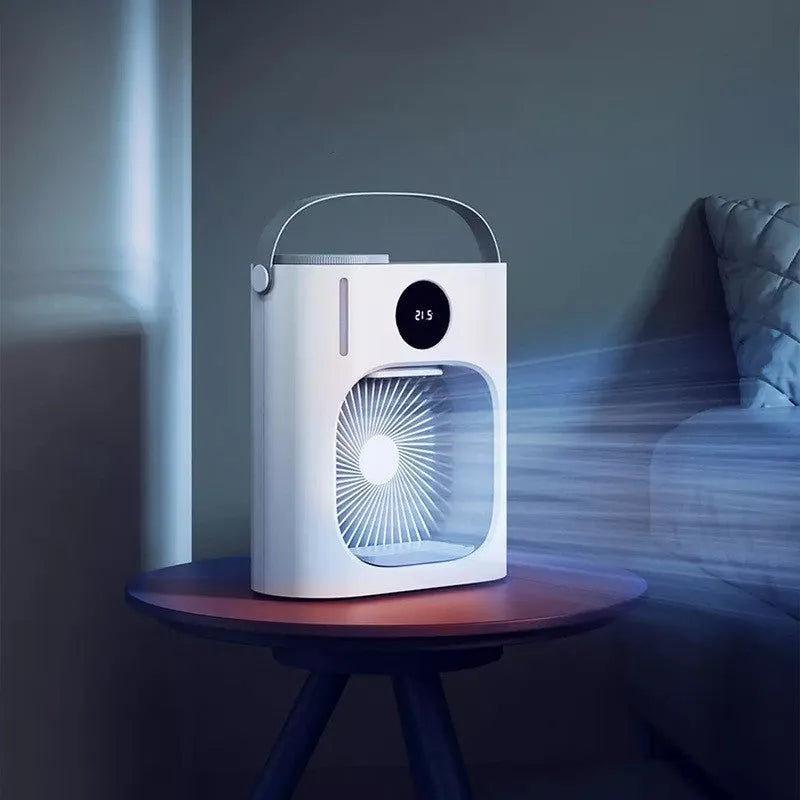White USB refrigeration air conditioner fan with brushless motor and timing screen display on a desk
