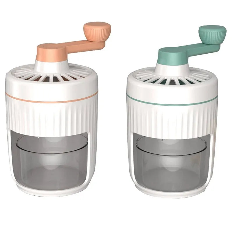 Hand-cranked ice shaving machine in green with removable ice box and ergonomic handle