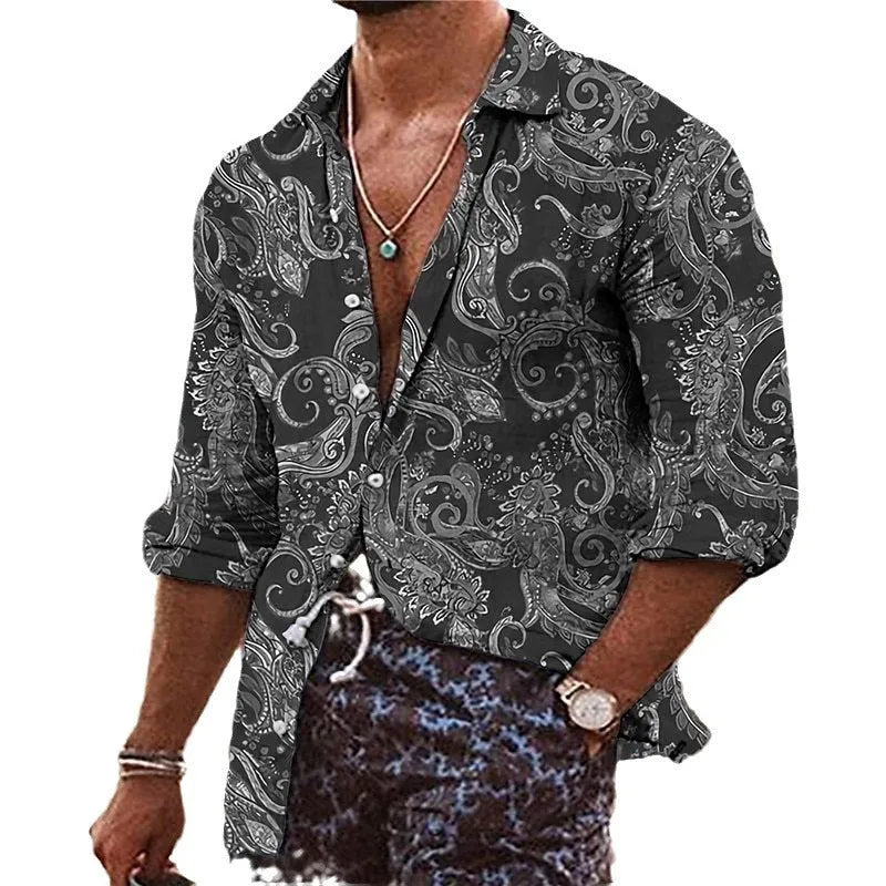 Men's loose fit long sleeve shirt with detailed 3D flower pattern digital printing on polyester fabric