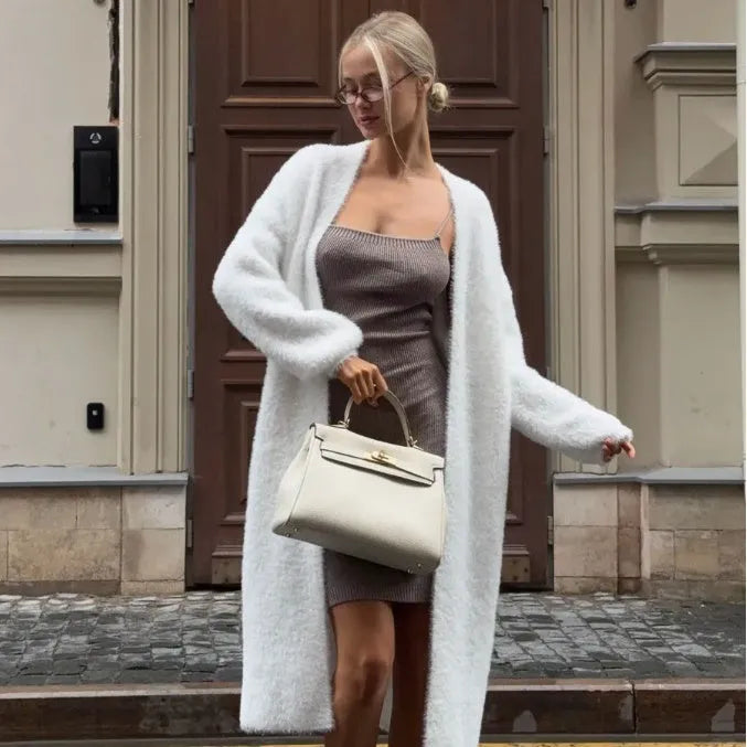 White loose fit knitted cardigan jacket for women with long sleeves and 105cm length