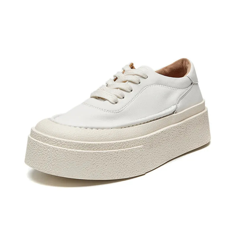Women's black platform board shoes with embossed cowhide leather upper and round toe design