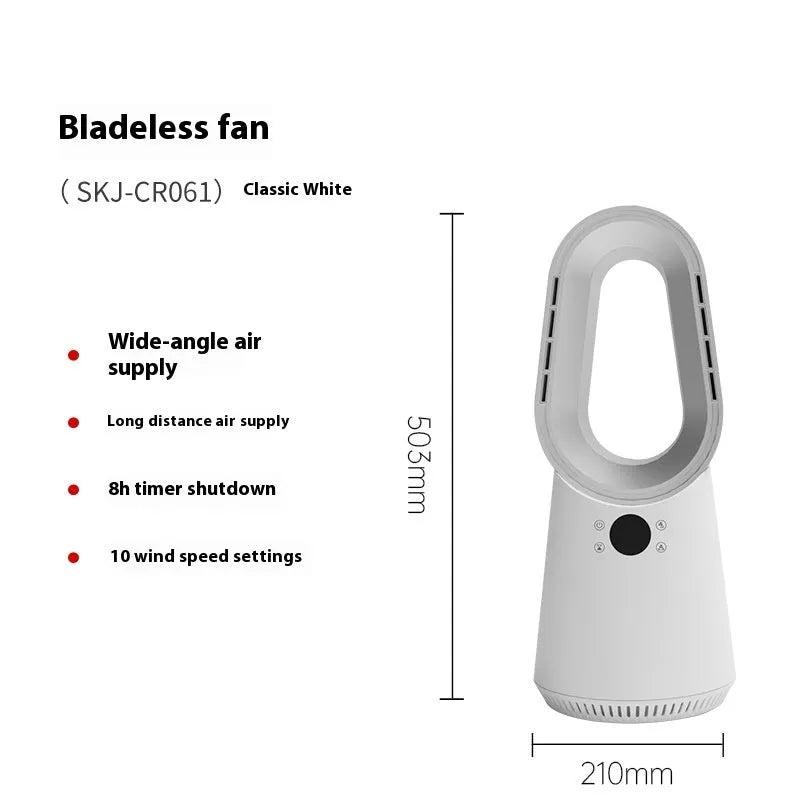 SK white bladeless tower fan with remote control on floor next to desk