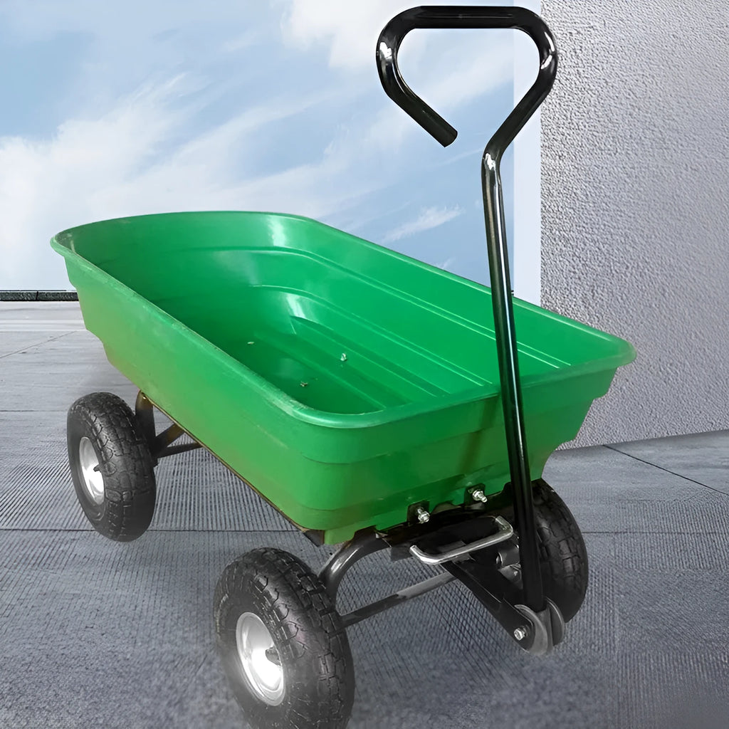 Green four-wheel dumptruck with tipping bed, model TC2145, for garden and farm material transport.
