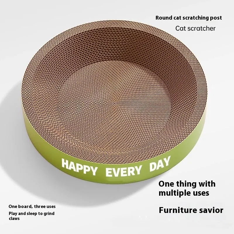 Green round cat scratching board nest showing combined cat bed and scratching surface
