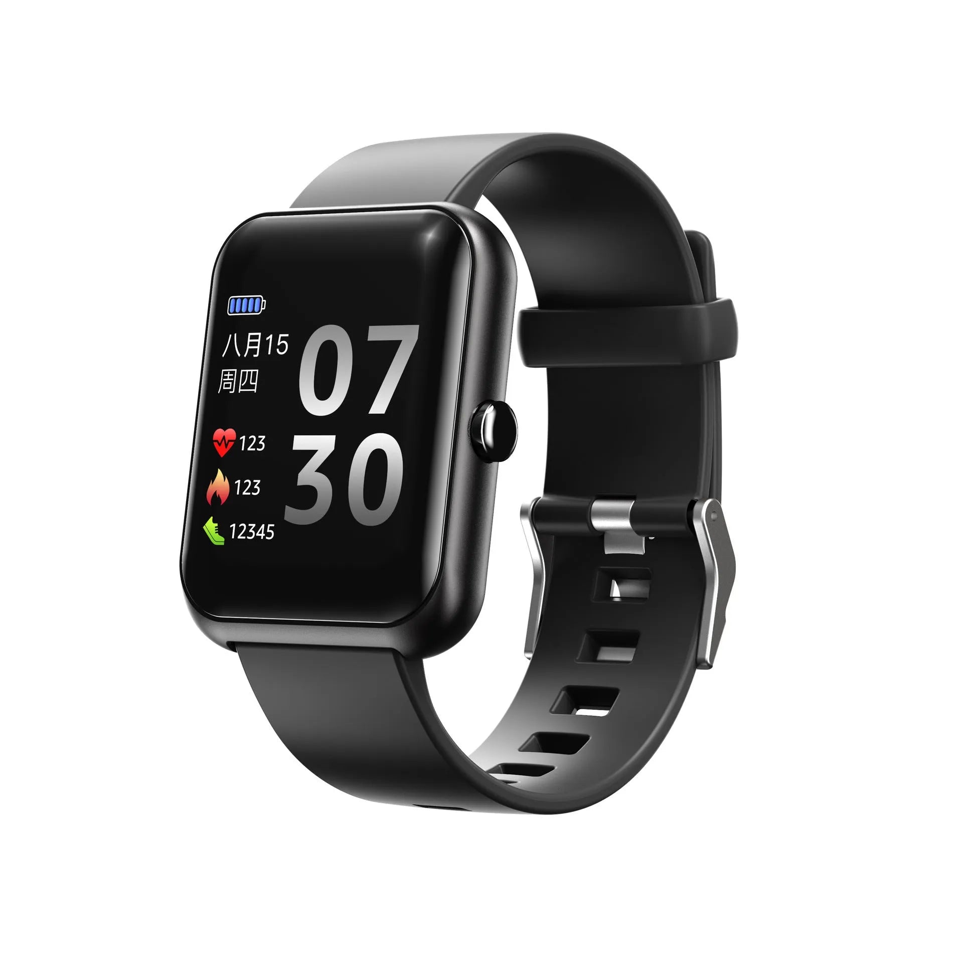 Square-faced Bluetooth sports watch for couples with coloured anodised aluminium case and black silicone strap.