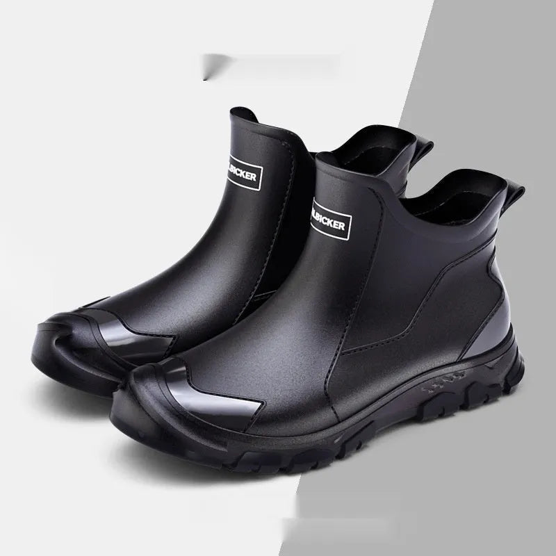 Short tube PVC outdoor wading boots with round toe and flat heel in various colours.
