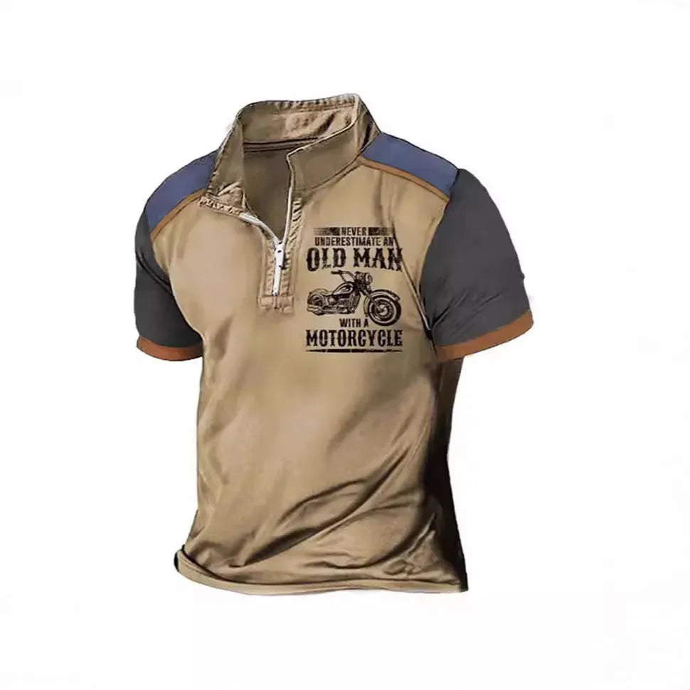 Men's casual polo shirt with digital letter printing and lapel, short sleeves, available in multiple colours and sizes.