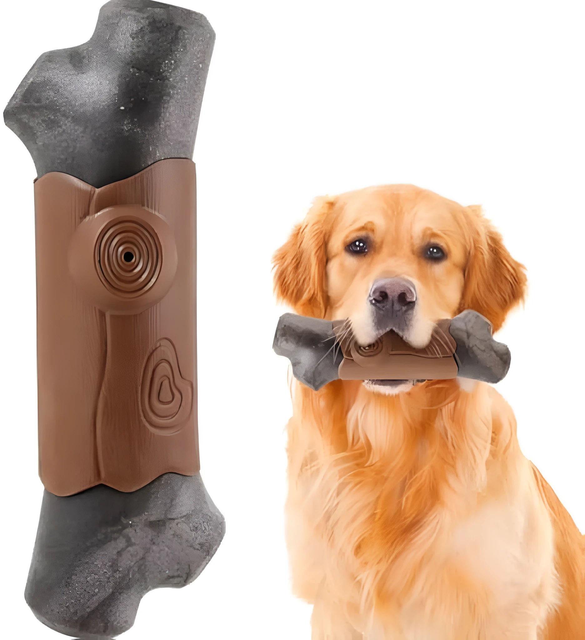 Brown branch-shaped nylon dog chew toy for large dogs on a white background.
