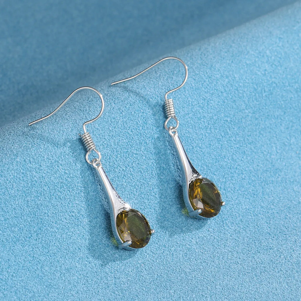 Olive green topaz water drop shaped earrings with retro style and electroplated alloy construction