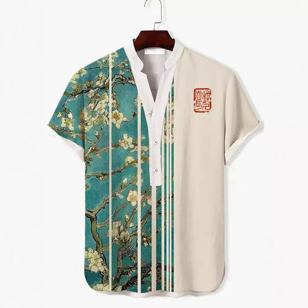 Men's 3D digital animal print short sleeve shirt in polyester fabric showing graphic design detail