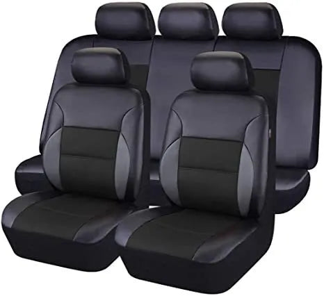 Black artificial leather car seat covers installed on front and rear seats of a vehicle