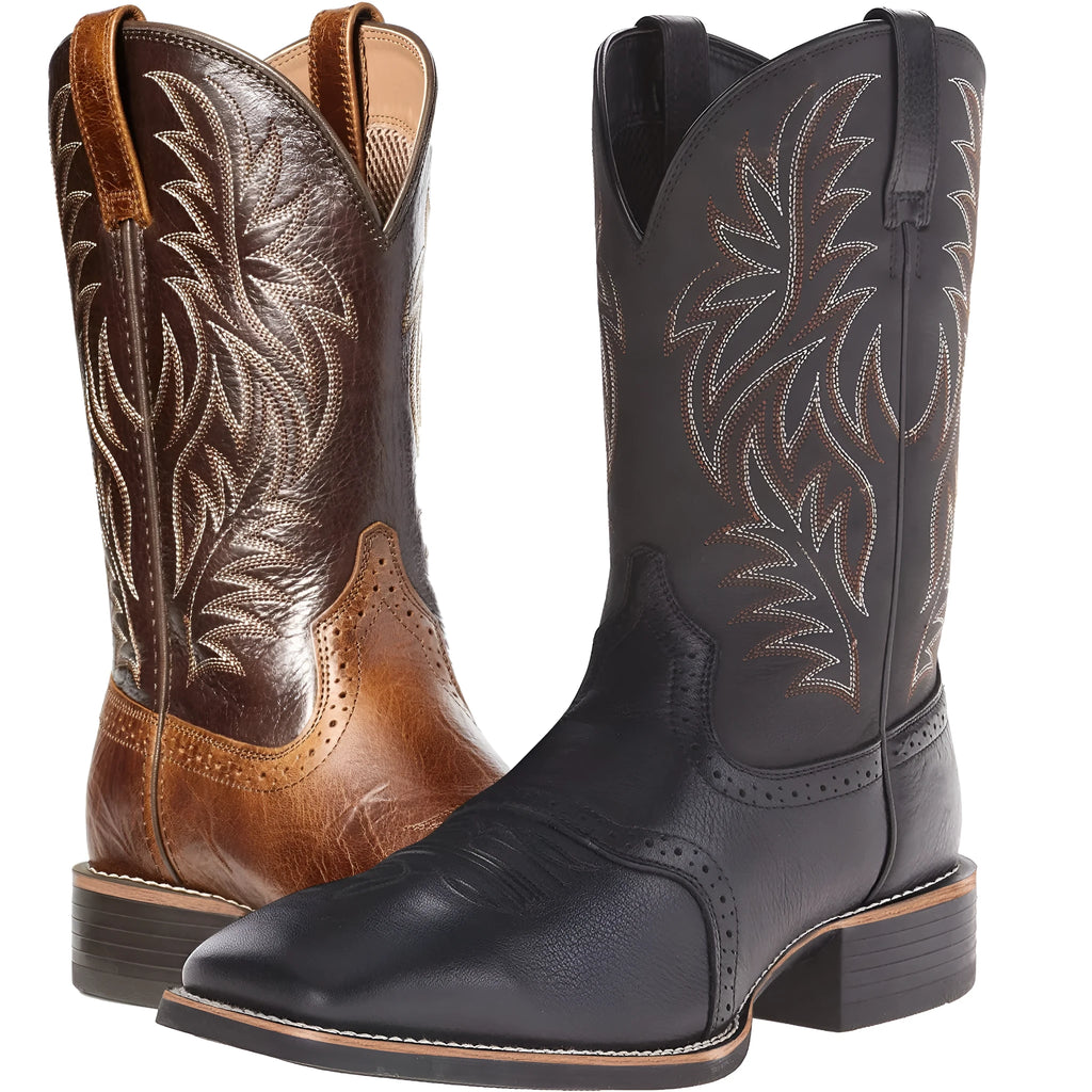Men's black western cowboy boots with high embroidery stitching and wide square toe