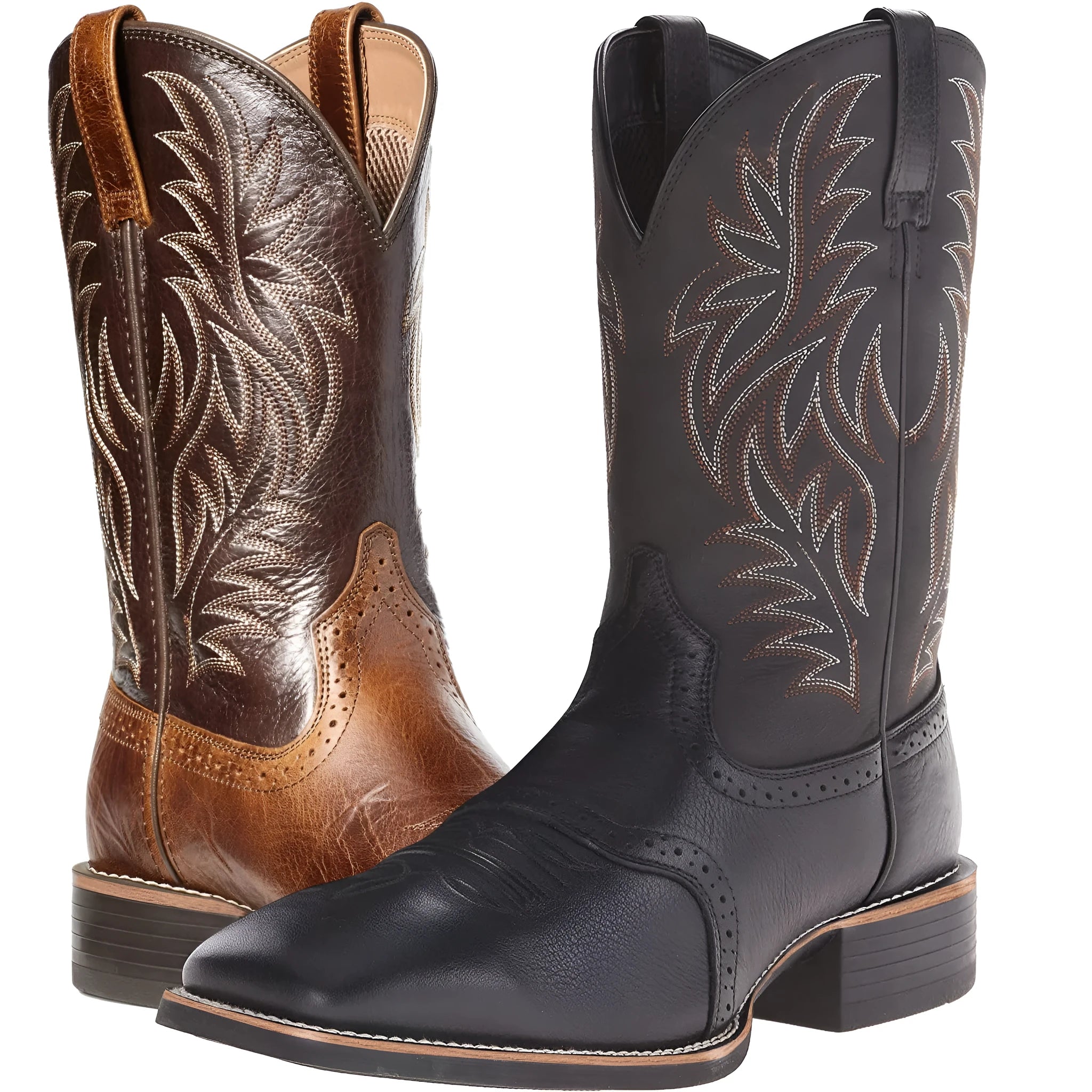 Men's black western cowboy boots with high embroidery stitching and wide square toe