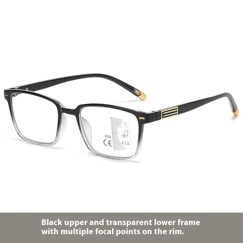 Multifocal reading glasses with anti blue light and colour changing lenses in a black and silver frame.