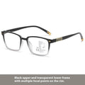 Multifocal reading glasses with anti blue light and colour changing lenses in a black and silver frame.
