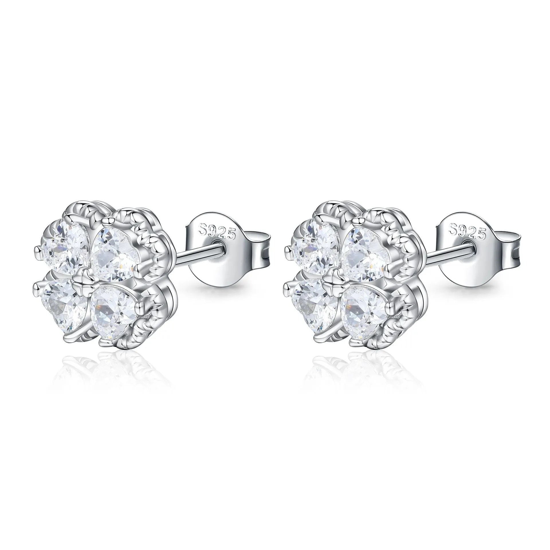 Women's 925 silver zircon earrings with four-leaf clover and heart design in white gold colour