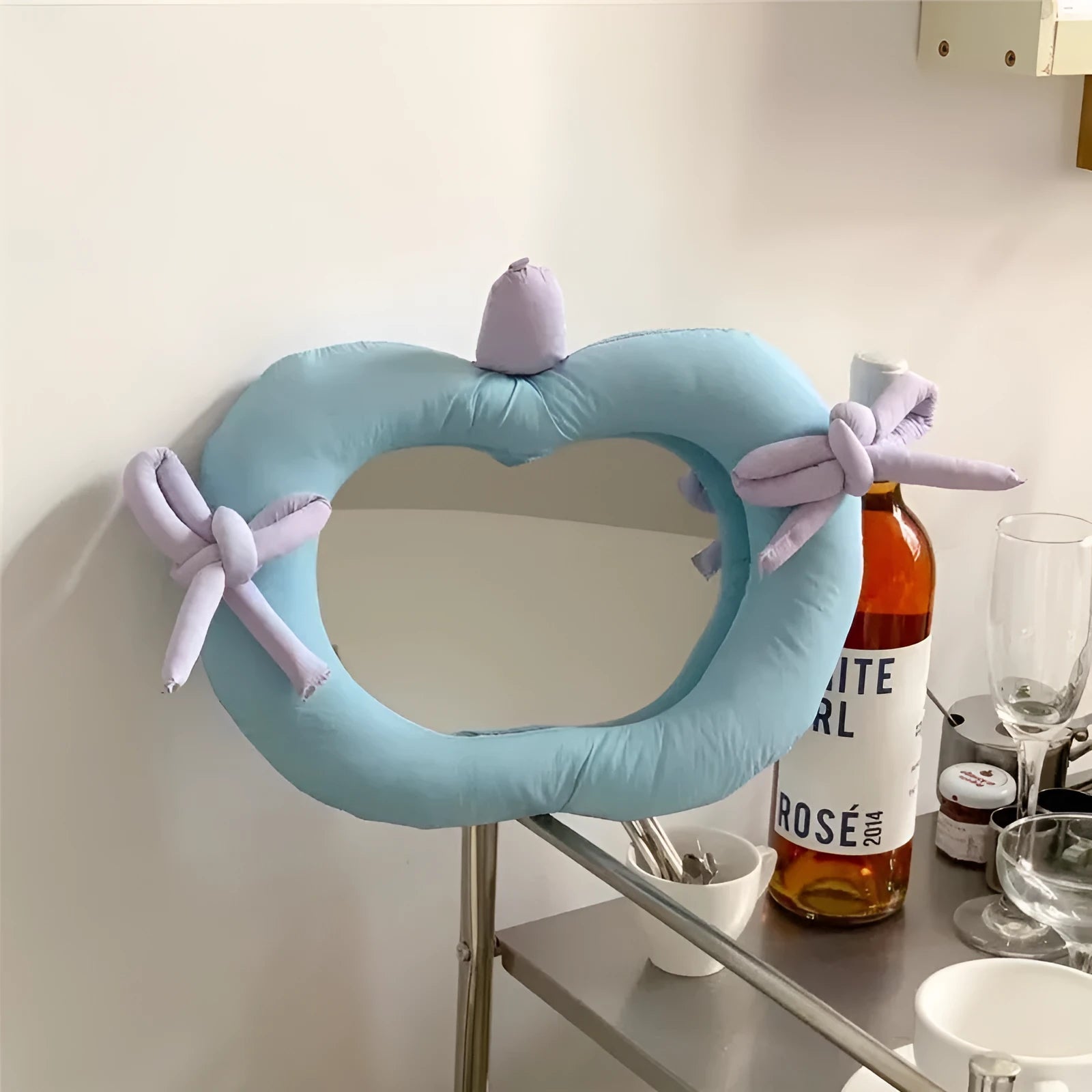 Korean-style decorative wall mirror with soft fabric pillow border in green or blue