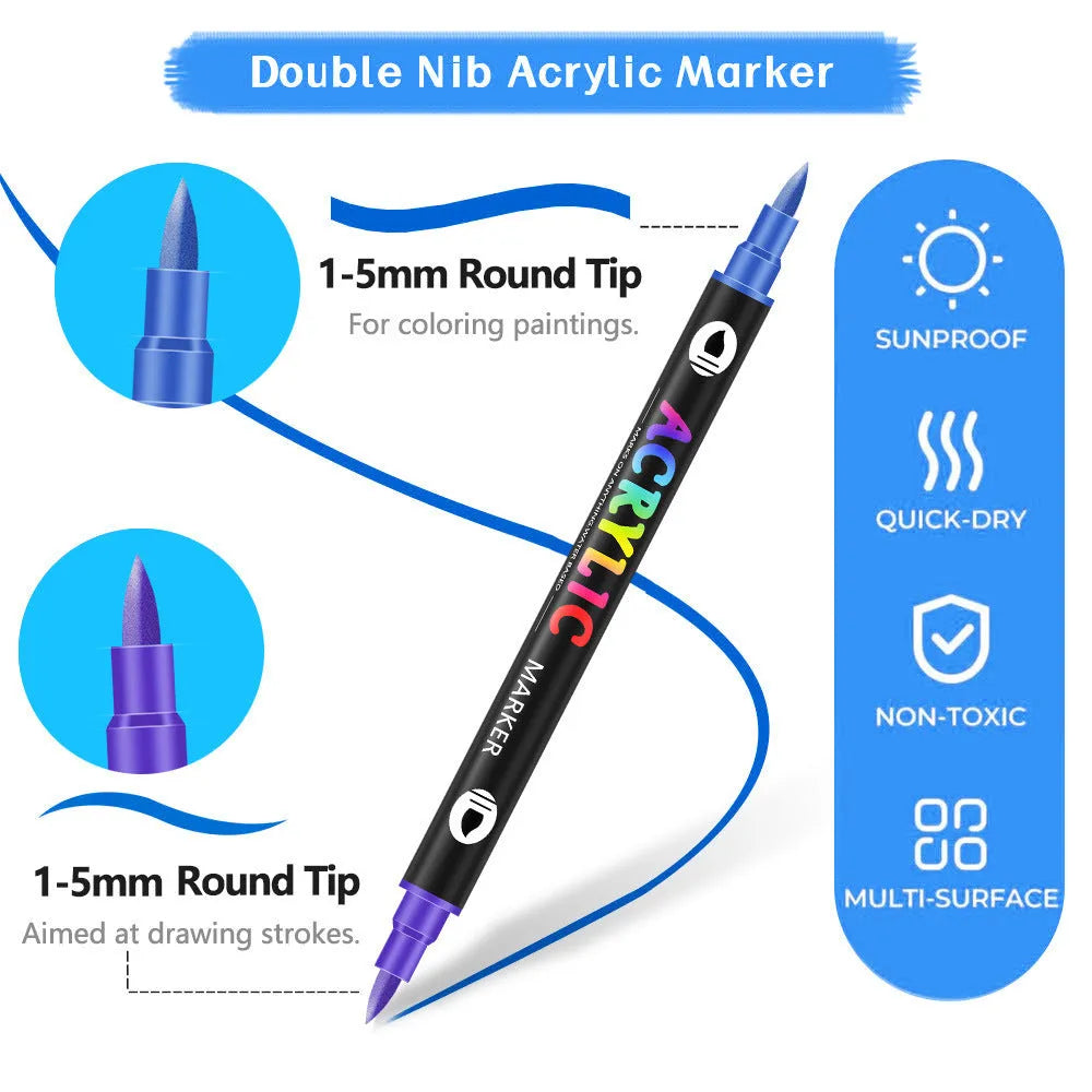 Double-headed acrylic marker pens showing fine tip and broad chisel tip with opaque quick-drying washable ink
