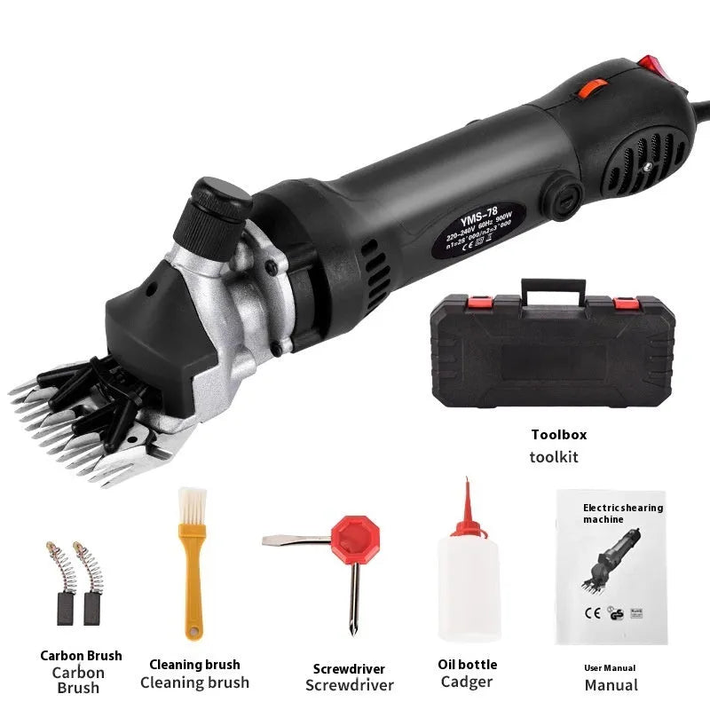 Yellow electric wool shearing machine with 110V plug and multiple blade attachments in plastic storage case