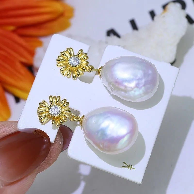 Baroque S925 sterling silver flower earrings with ring holder function in gold or silver finish