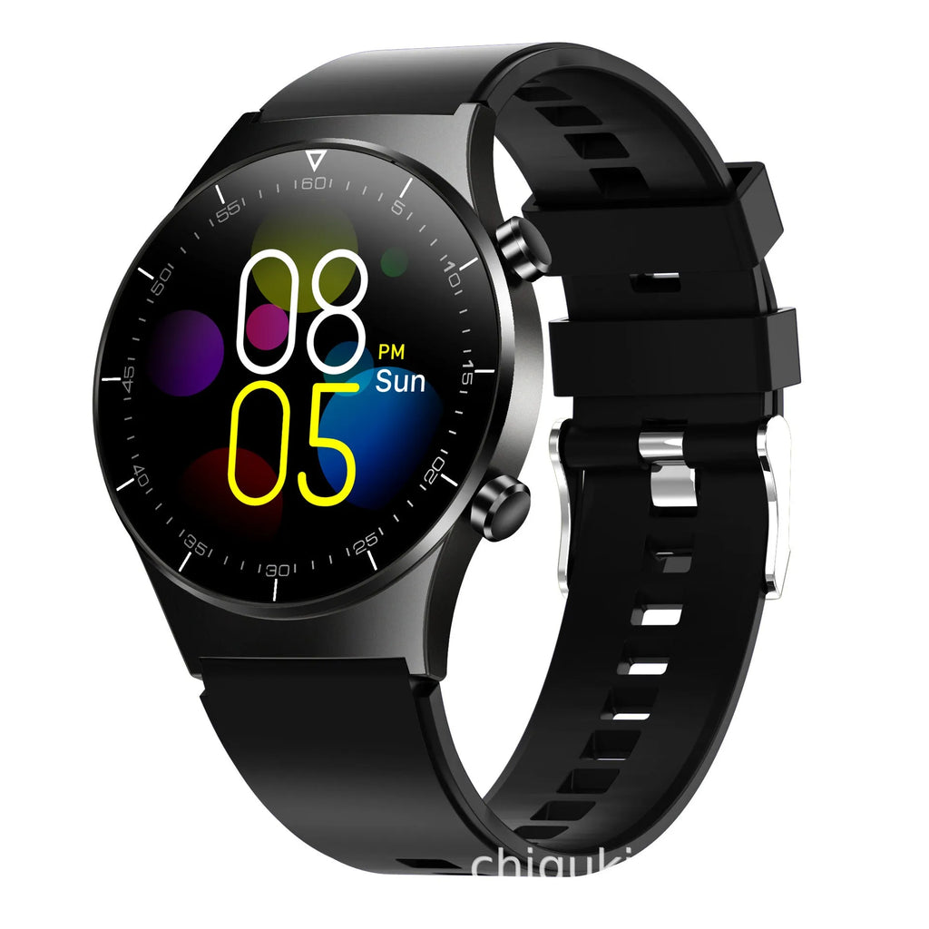 Black smart watch with TPU wristband showing heart rate monitoring display on 1.28-inch touchscreen