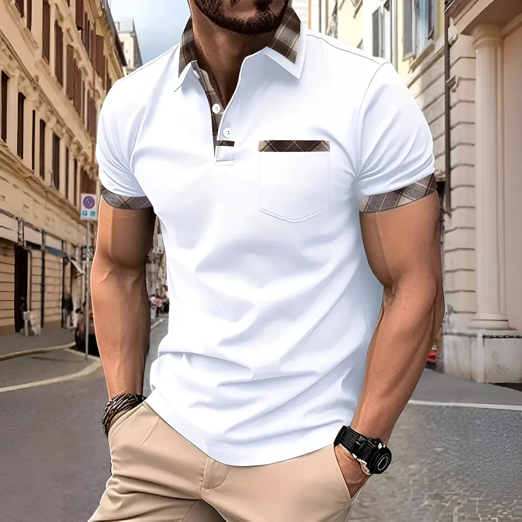 Men's loose fit short sleeve t-shirt with colourblock plaid pattern in polyester fabric