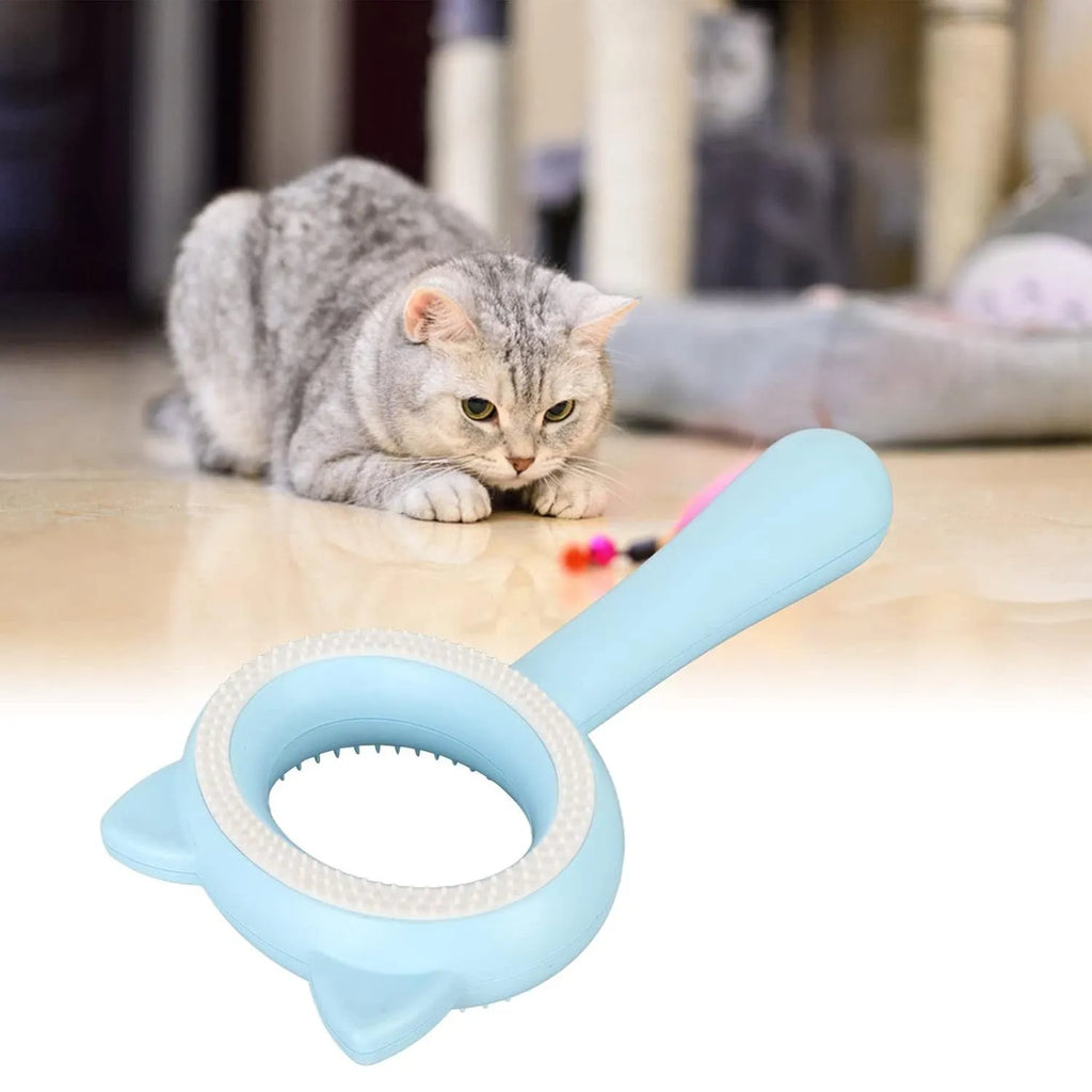 Blue and white double-sided pet grooming brush with deshedding comb and massage comb functions