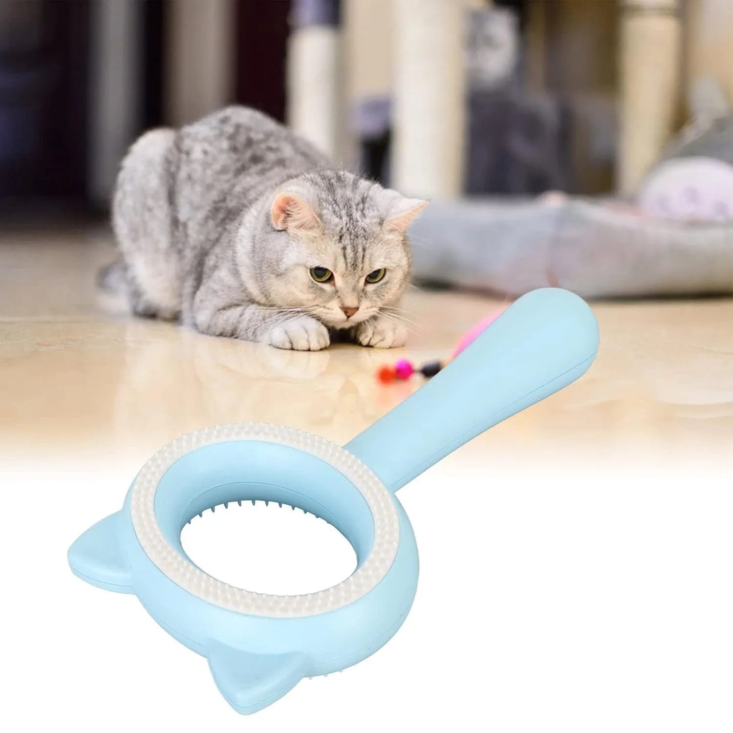 Blue and white double-sided pet grooming brush with deshedding comb and massage comb functions