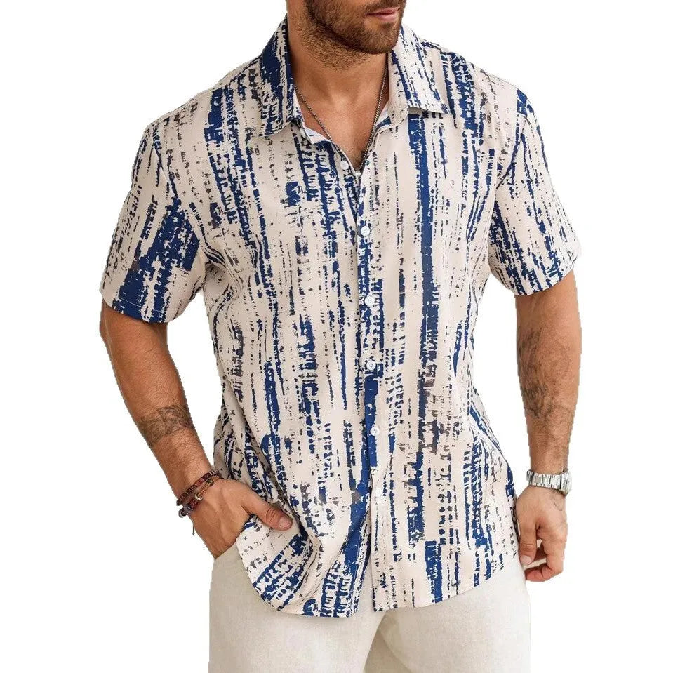 Men's casual short sleeve shirt with 3D printed striped pattern in anti-wrinkle polyester fabric
