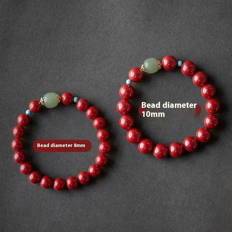 Purple gold sand cinnabar bracelet with geometric ellipse beads, shown in low and high purity content options.