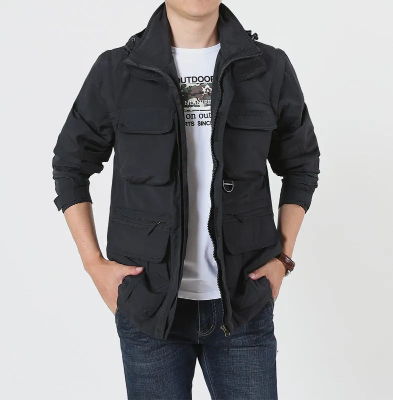 Men's loose fit 100% nylon outdoor mountaineering jacket in army green with front zipper and lapel collar, plus fleece lining option, sizes M to 4XL
