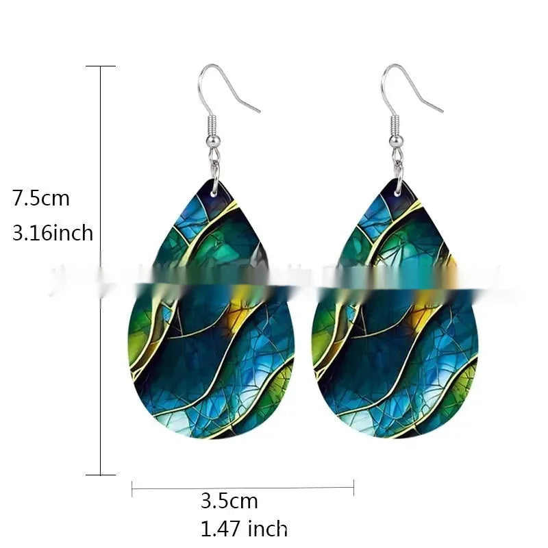 Acrylic flat branch knot earrings with drop shape and printed design elements
