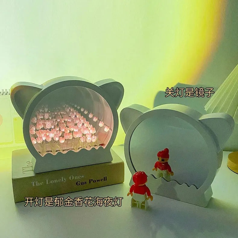 DIY Cat Head Tulip Flower Sea Night Lamp craft kit with tulip materials on a table