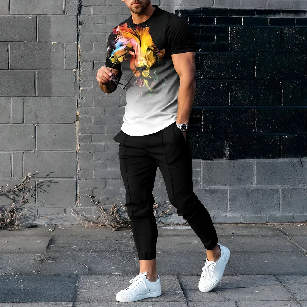 Man wearing a thin, short-sleeved printed pullover and matching trousers from a lightweight sport suit set.