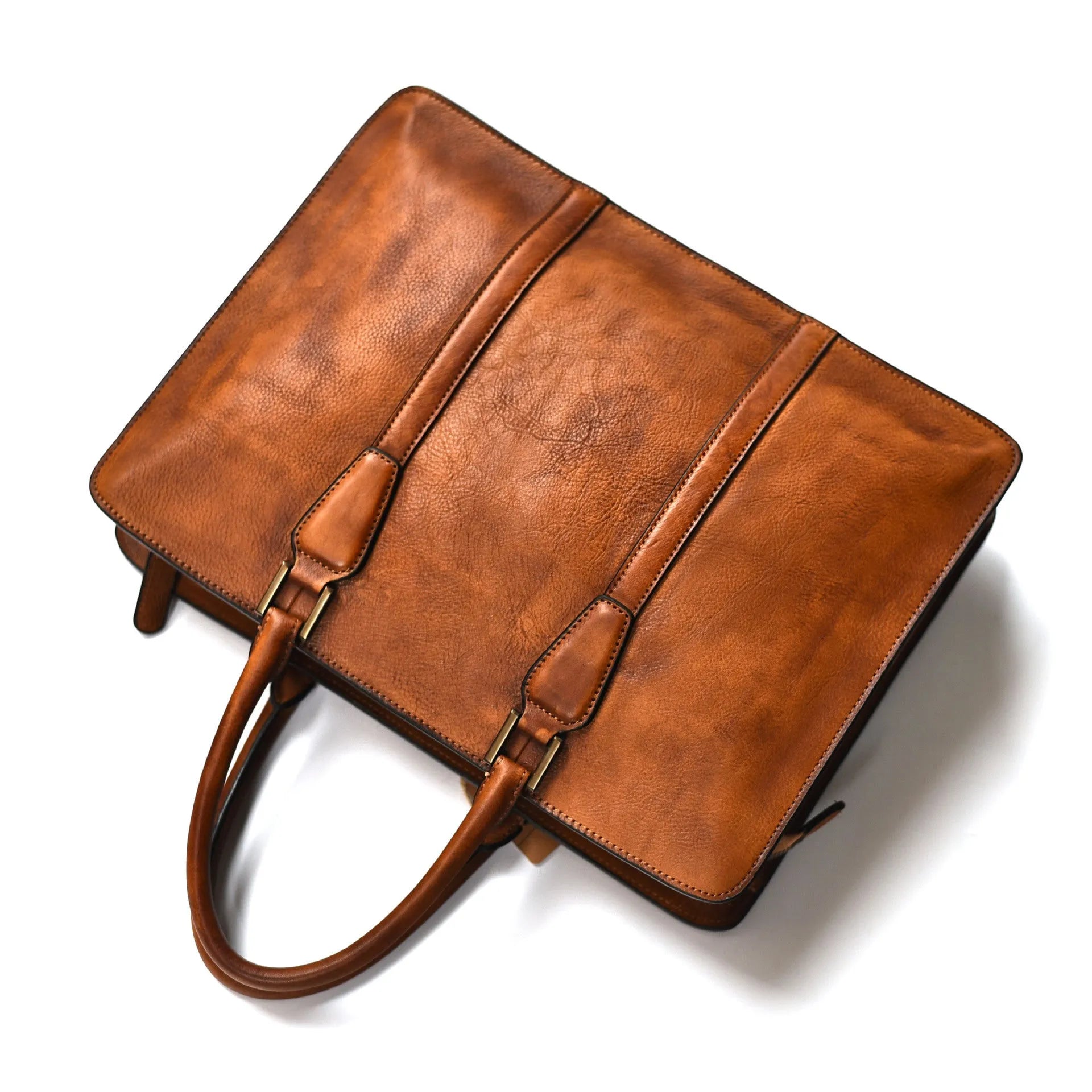 Men's brown leather business handbag with horizontal square shape and zipper closure