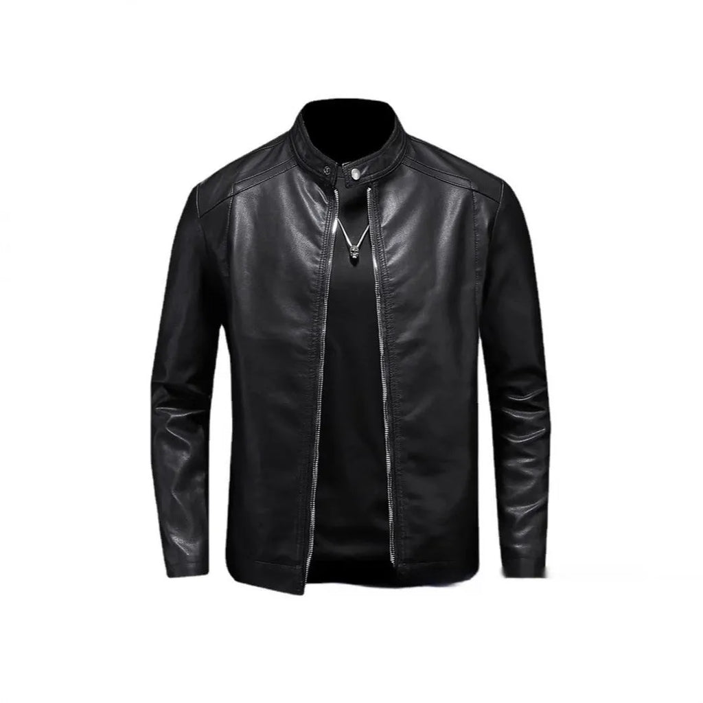 Men's slim artificial leather jacket with stand collar, black, sizes M to 5XL