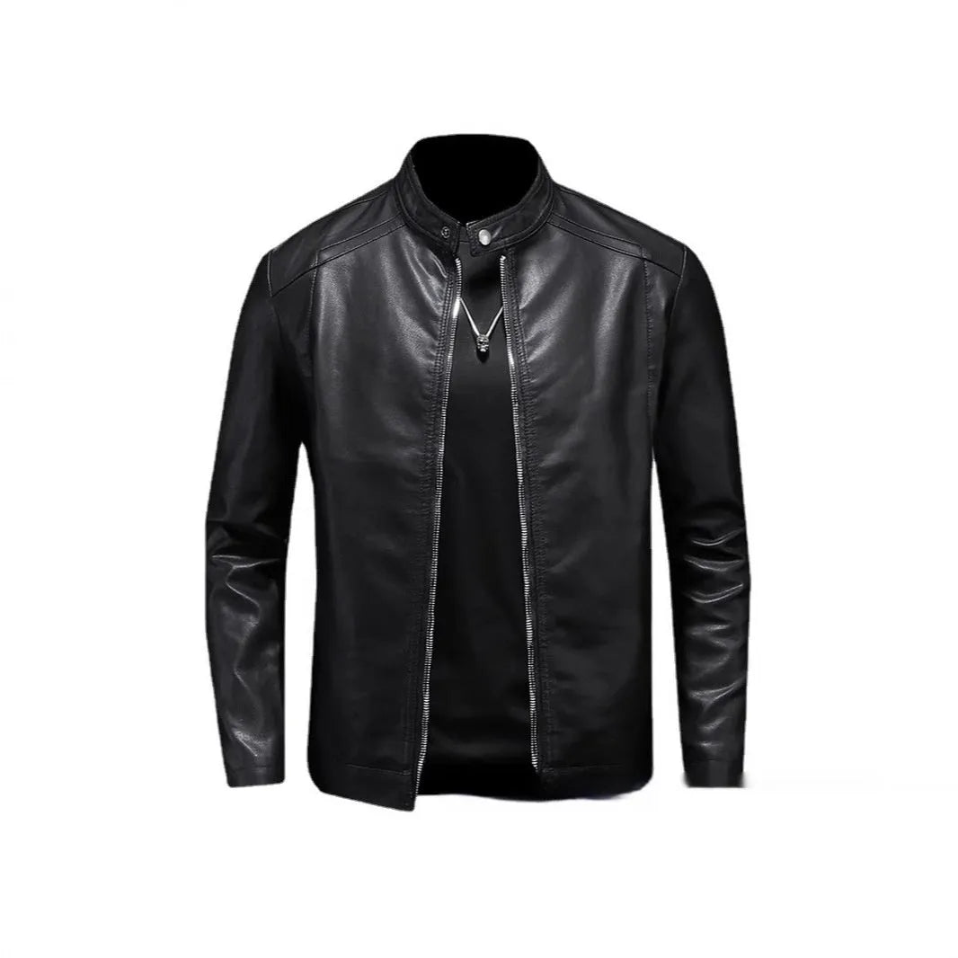 Men's slim artificial leather jacket with stand collar, black, sizes M to 5XL