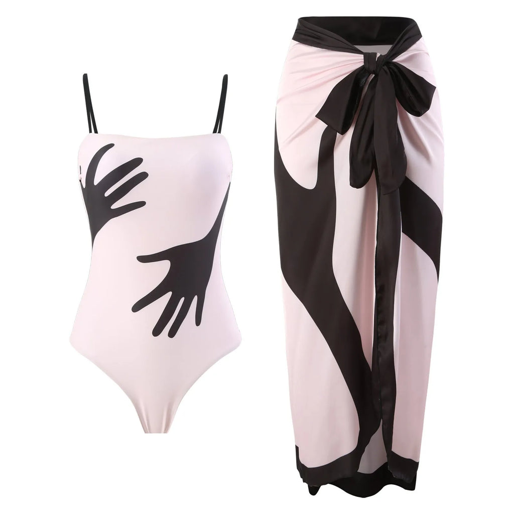Women's pattern print one-piece bikini swimsuit with detachable tulle skirt