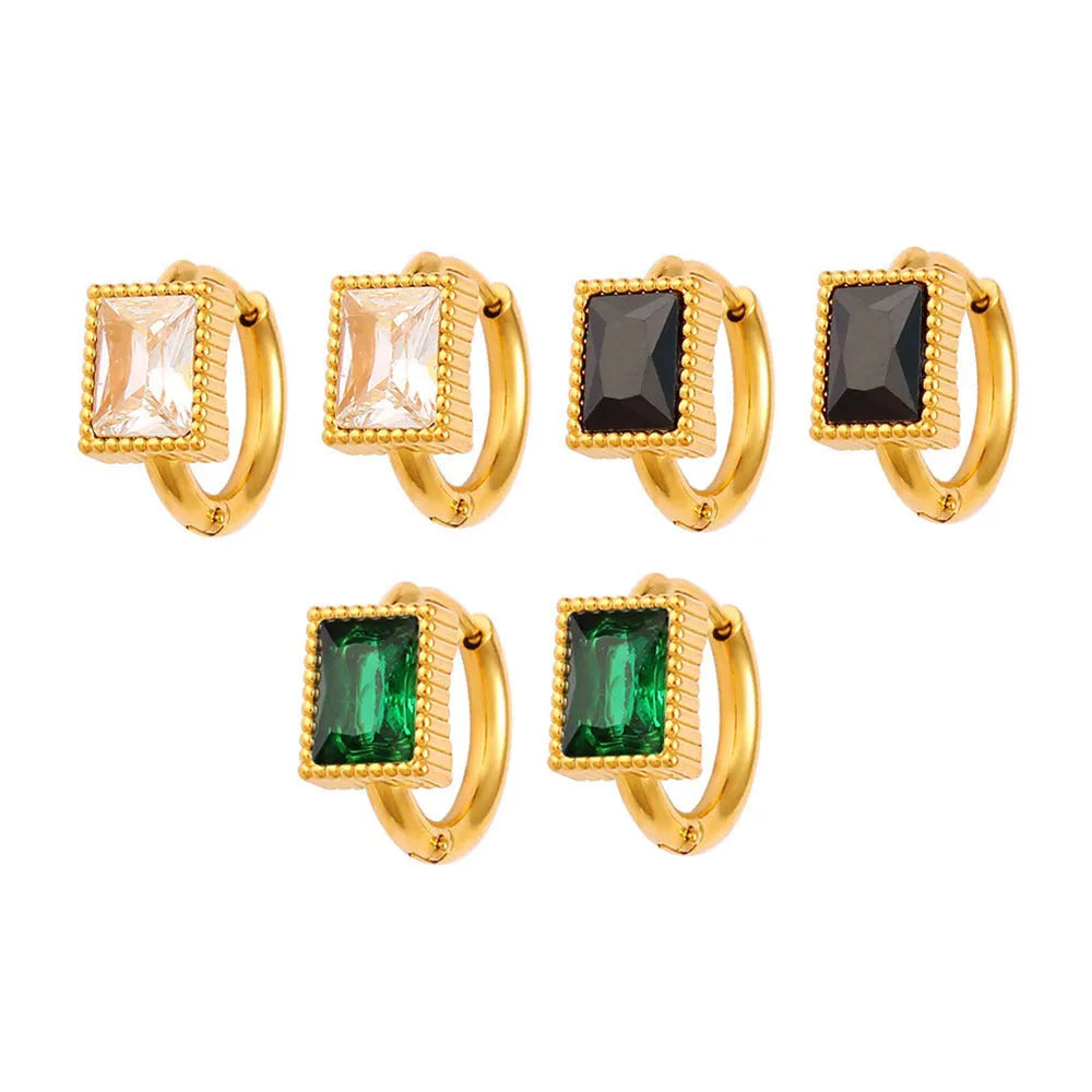 Stainless steel earrings with square zircon stones in geometric design with round ring elements
