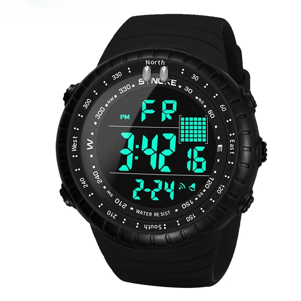 Black men's outdoor electronic watch with large dial and adjustable PU strap
